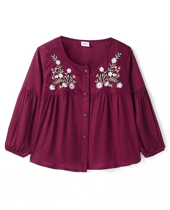 Babyhug Rayon Full Sleeves Floral Embroidered Top - Maroon