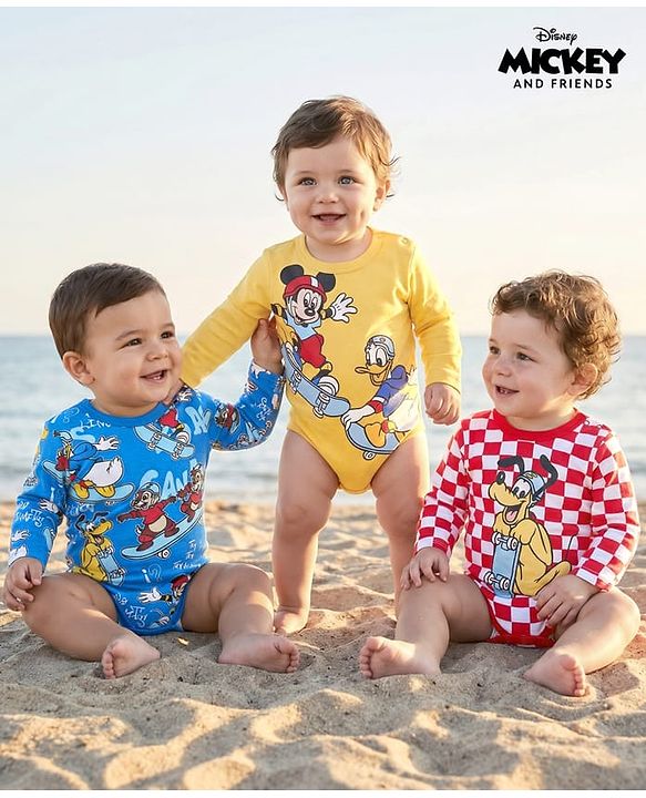 Babyhug Disney Interlock Knit Full Sleeves Onesies With Mickey Mouse and Friends Graphics Pack of 3 - Yellow Blue & Red