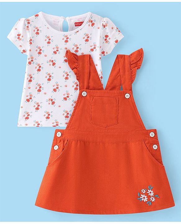 Babyhug Cotton Woven Half Sleeves T-Shirt With Frock Floral Print & Embroidery- White & Orange
