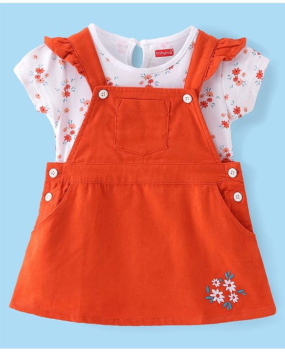Babyhug Cotton Woven Half Sleeves T-Shirt With Frock Floral Print & Embroidery- White & Orange