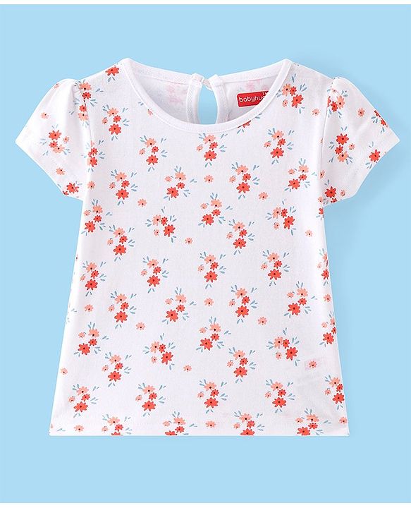 Babyhug Cotton Woven Half Sleeves T-Shirt With Frock Floral Print & Embroidery- White & Orange
