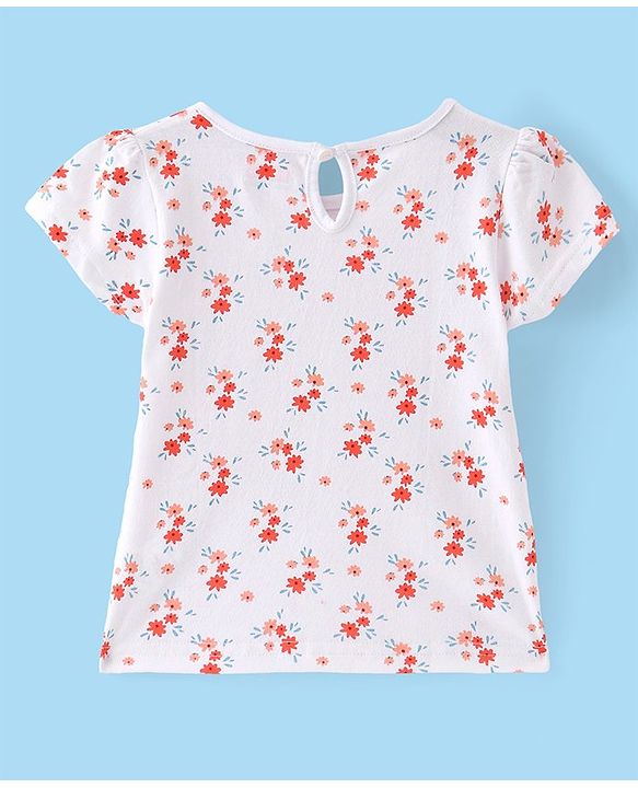 Babyhug Cotton Woven Half Sleeves T-Shirt With Frock Floral Print & Embroidery- White & Orange