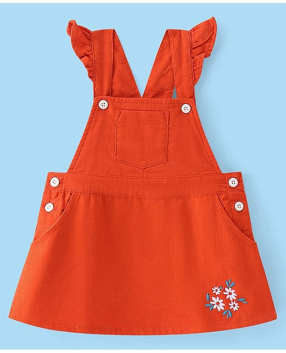Babyhug Cotton Woven Half Sleeves T-Shirt With Frock Floral Print & Embroidery- White & Orange