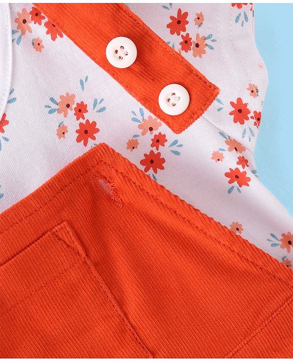Babyhug Cotton Woven Half Sleeves T-Shirt With Frock Floral Print & Embroidery- White & Orange