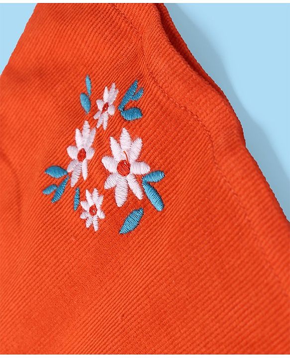 Babyhug Cotton Woven Half Sleeves T-Shirt With Frock Floral Print & Embroidery- White & Orange