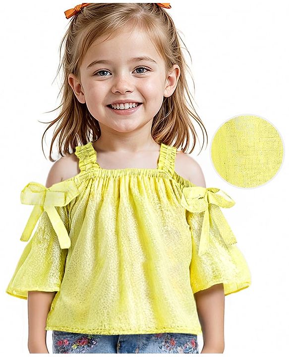 Babyhug Lurex Three Fourth Off Shoulder Sleeves Top with Knot Detailing - Lime Green