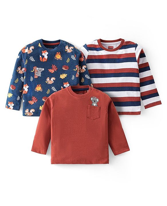 Babyhug Cotton Knit Full Sleeves T-Shirt with Animal & Striped Print Pack of 3 - Multicolor