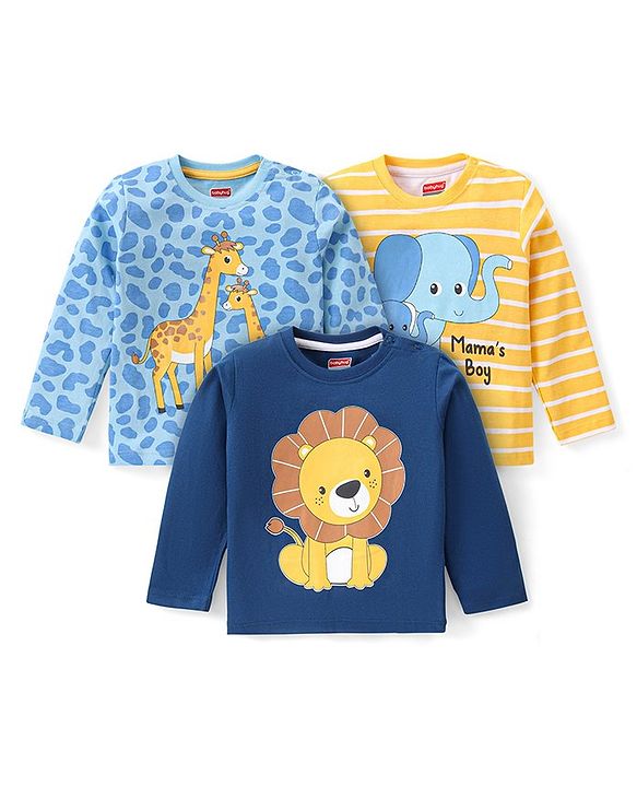 Babyhug Cotton Knit Full Sleeves T-Shirt with Animal Print  Pack of 3- Multicolor