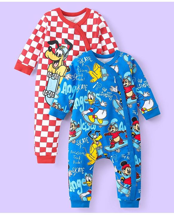 Babyhug Disney Interlock Knit Full Sleeves Rompers with Mickey Mouse & Friends Graphics Pack of 2 - Red & Blue