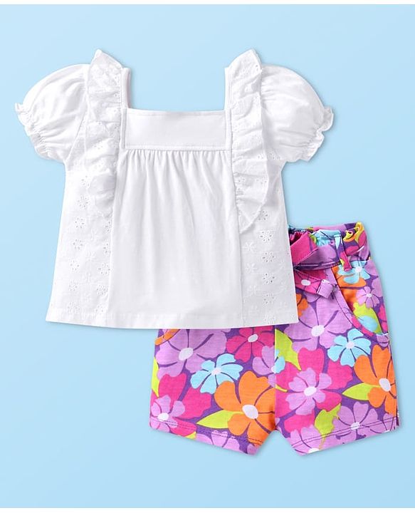 Babyhug Single Jersey Knit Half Sleeves Solid Colour Top & Shorts With Floral Print - White