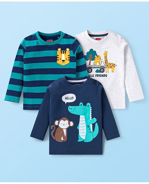 Babyhug Cotton Knit Full Sleeves T-Shirts with Stripes &  Animals  Graphics Pack of 3 - Blue & White