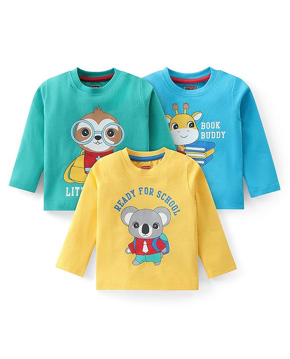 Babyhug Cotton Knit Full Sleeves T-Shirts with Text & Animals Graphics Pack of 3 - Blue Yellow & Green