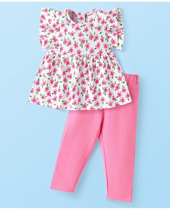 Babyhug Single Jersey Knit Frill Sleeves Floral Printed Top & Leggings Set - White & Pink
