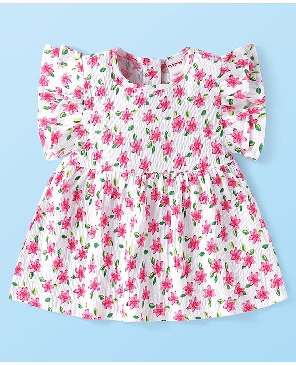 Babyhug Single Jersey Knit Frill Sleeves Floral Printed Top & Leggings Set - White & Pink