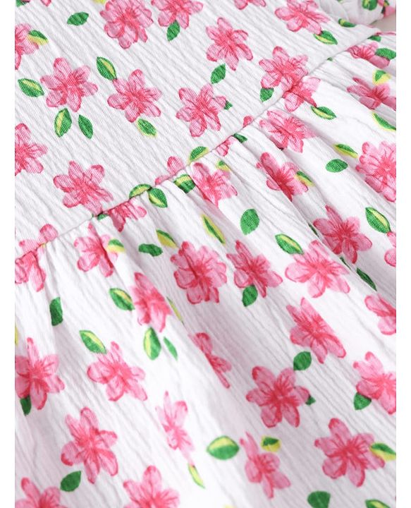 Babyhug Single Jersey Knit Frill Sleeves Floral Printed Top & Leggings Set - White & Pink