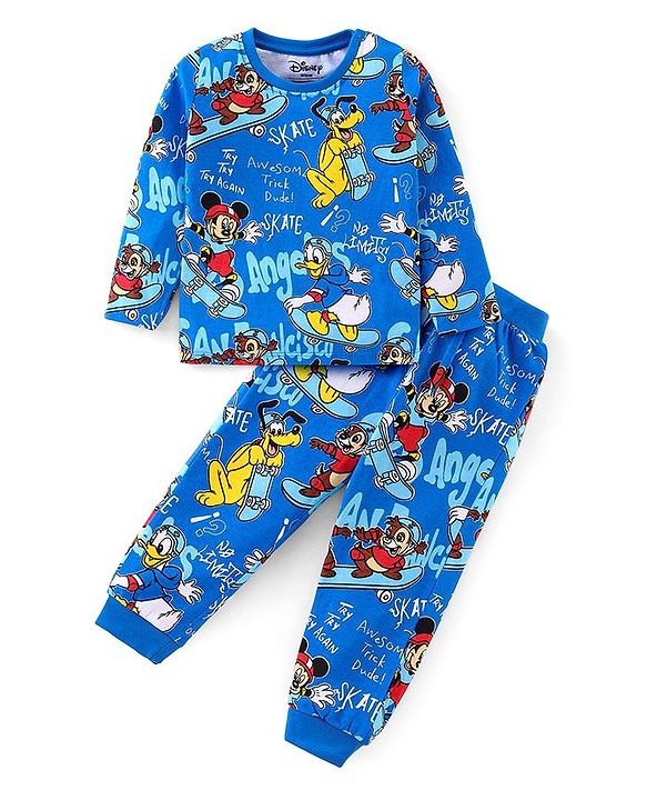 Babyhug Disney Cotton Knit Full Sleeves Night Suit with Mickey Mouse Print - Navy Blue