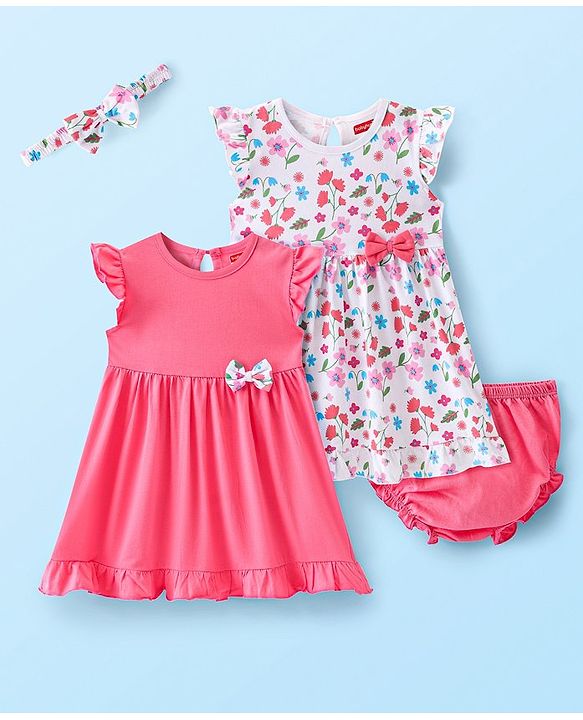 Babyhug Single Jersey Knit Sleeveless Frocks with Bloomer  & Headband Floral Print Pack of 2  - Multicolor