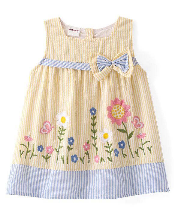 Babyhug Woven Sleeveless Flared Frock Floral Embroidered & Bow Applique With Headband - Light Yellow