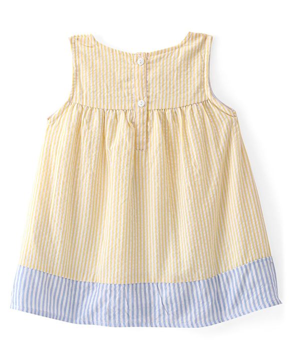 Babyhug Woven Sleeveless Flared Frock Floral Embroidered & Bow Applique With Headband - Light Yellow