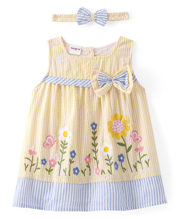Babyhug Woven Sleeveless Flared Frock Floral Embroidered & Bow Applique With Headband - Light Yellow