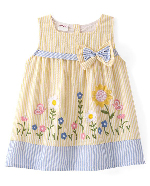 Babyhug Woven Sleeveless Flared Frock Floral Embroidered & Bow Applique With Headband - Light Yellow