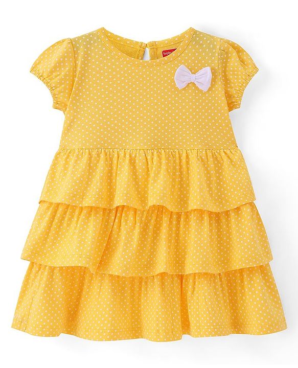 Babyhug Single Jersey Knit Cap Sleeves Knee Length Layered Frock with Bow Polka Dot Print - Yellow