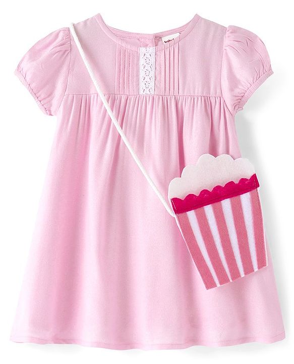 Babyhug Viscose Woven Half Sleeves Frock with Sling Bag Solid Color - Pink
