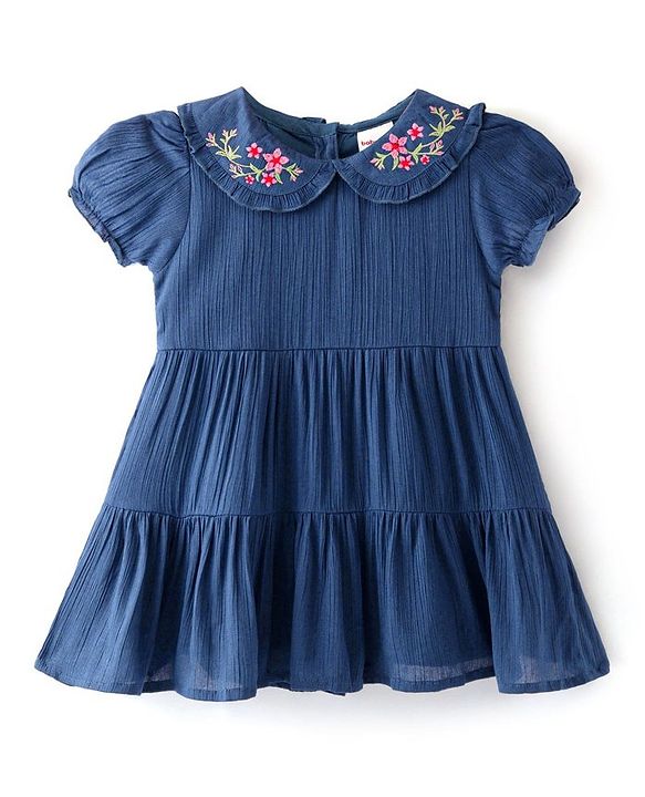 Babyhug Viscose Woven Half Sleeves Solid Frock with Floral Embroidery - Navy Blue
