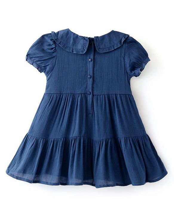 Babyhug Viscose Woven Half Sleeves Solid Frock with Floral Embroidery - Navy Blue