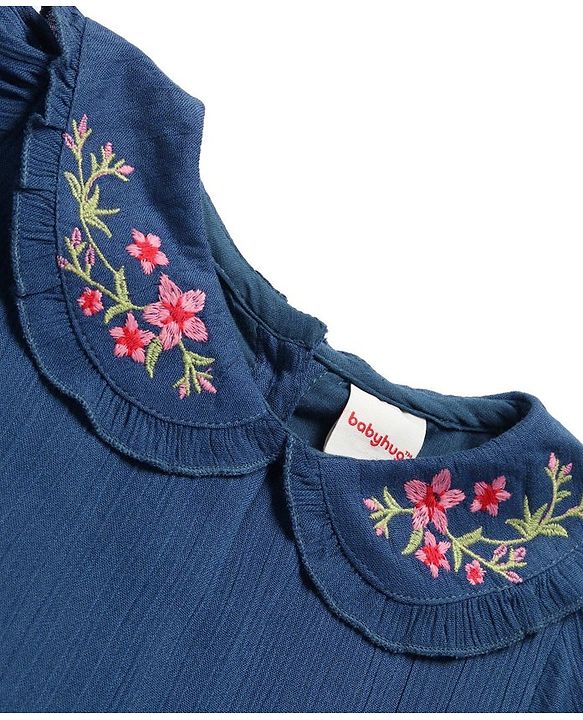 Babyhug Viscose Woven Half Sleeves Solid Frock with Floral Embroidery - Navy Blue