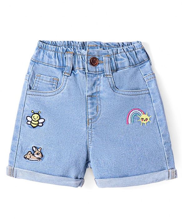 Babyhug Cotton Denim Washed Shorts with Rainbow & Honeybee Embroidery - Blue