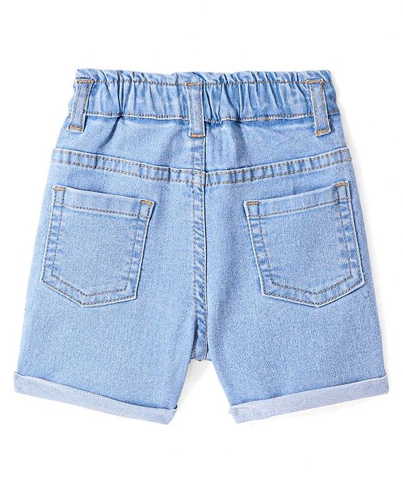 Babyhug Cotton Denim Washed Shorts with Rainbow & Honeybee Embroidery - Blue