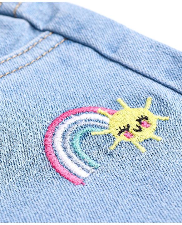 Babyhug Cotton Denim Washed Shorts with Rainbow & Honeybee Embroidery - Blue