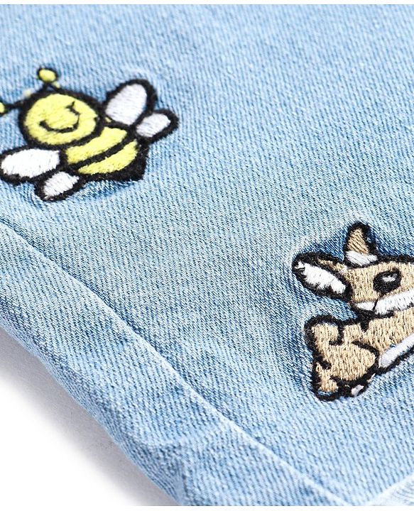 Babyhug Cotton Denim Washed Shorts with Rainbow & Honeybee Embroidery - Blue