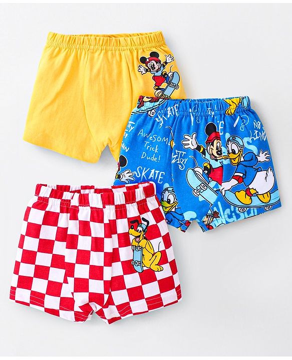 Babyhug Disney Cotton Knit Trunks with Mickey Mouse and Friends Graphics Pack of 3 - Yellow Red & Blue