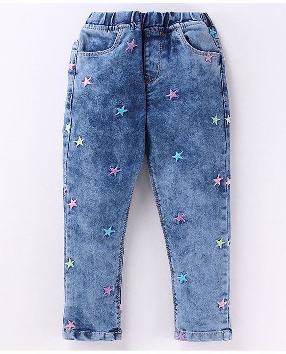 Babyhug Denim Full Length Jeans with Star Embroidery - Blue