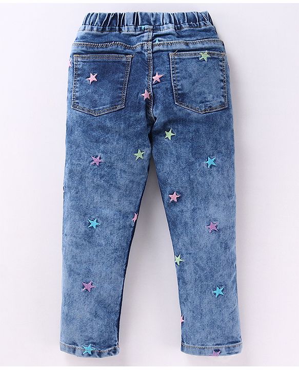 Babyhug Denim Full Length Jeans with Star Embroidery - Blue