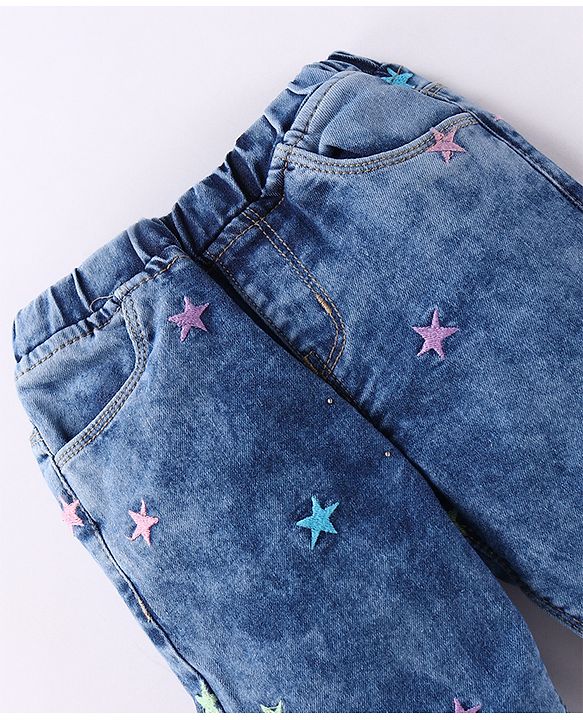 Babyhug Denim Full Length Jeans with Star Embroidery - Blue