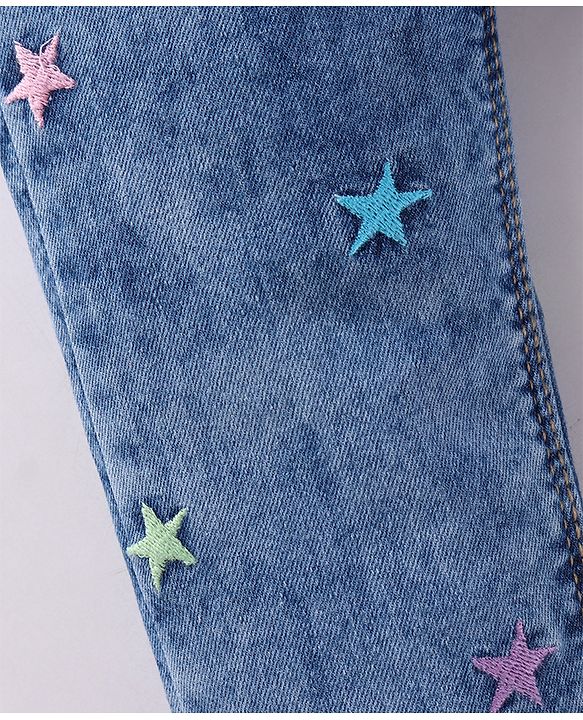 Babyhug Denim Full Length Jeans with Star Embroidery - Blue