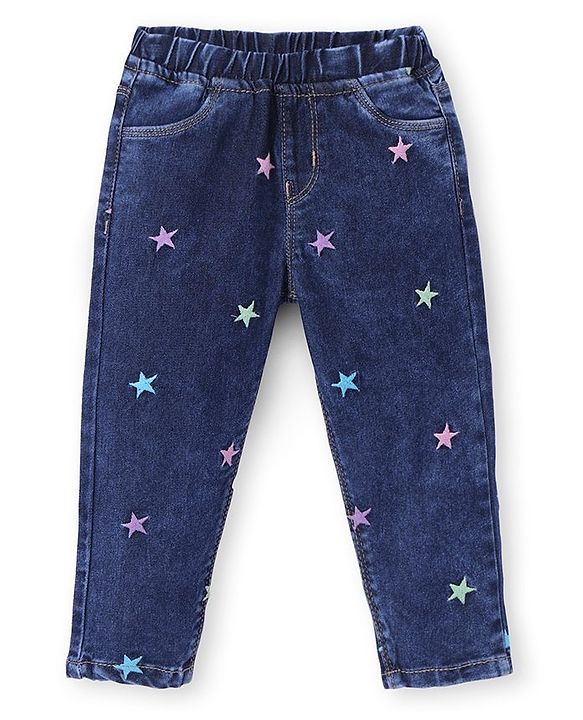 Babyhug Denim Full Length Jeans with Star Embroidery - Blue