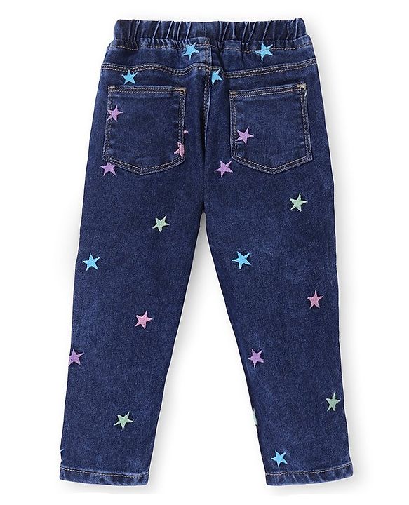 Babyhug Denim Full Length Jeans with Star Embroidery - Blue
