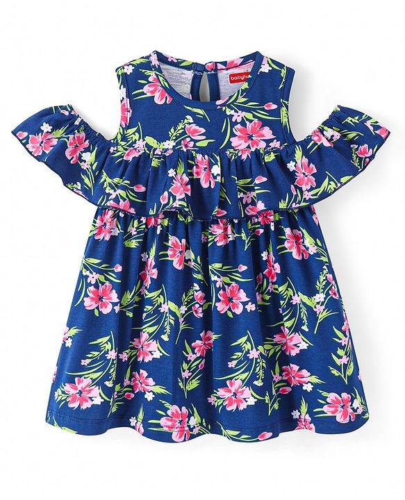 Babyhug Single Jersey Knit Cold Shoulder Sleeves Floral Printed Frock - Navy Blue