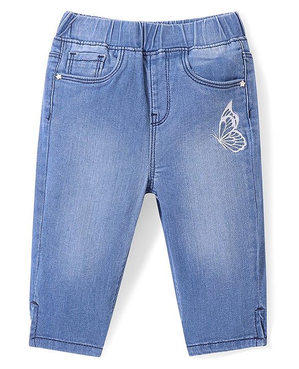 Babyhug Denim Capri Pants with Butterfly Embroidery - Blue