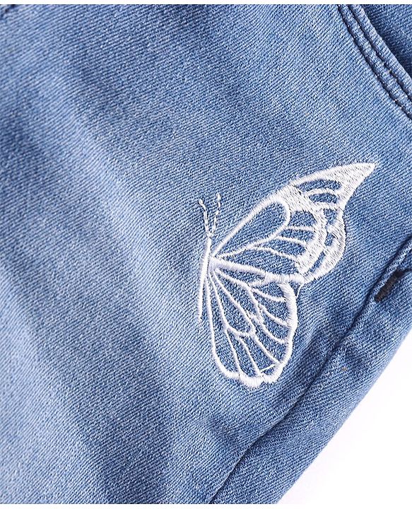 Babyhug Denim Capri Pants with Butterfly Embroidery - Blue