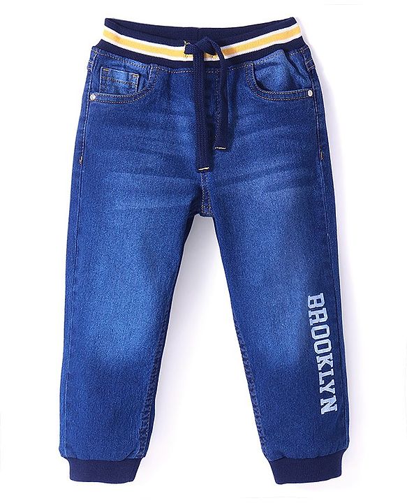 Babyhug Full Length Denim Jogger With Stretch & Text Print - Blue