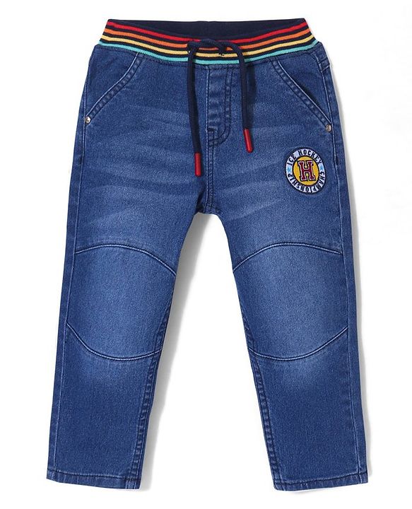 Babyhug Full Length Solid Stretchable Denim Jeans With Embroidery - Blue