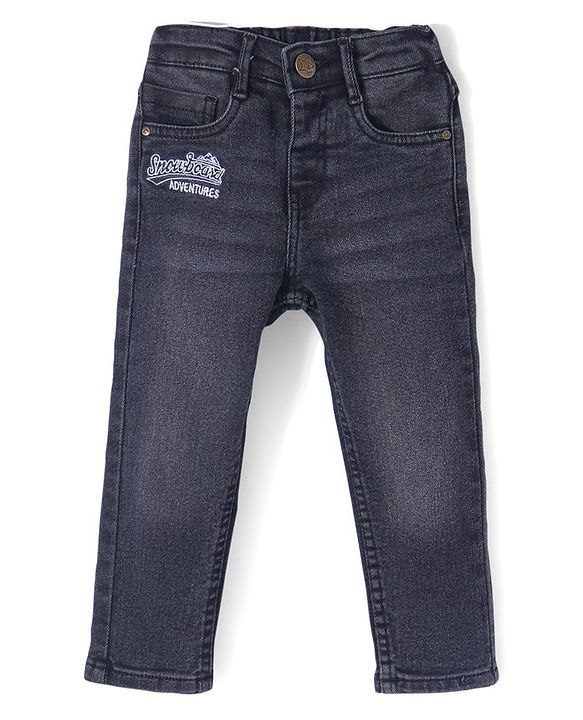 Babyhug Denim Washed Full Length Jeans With Stretch & Text Print - Black