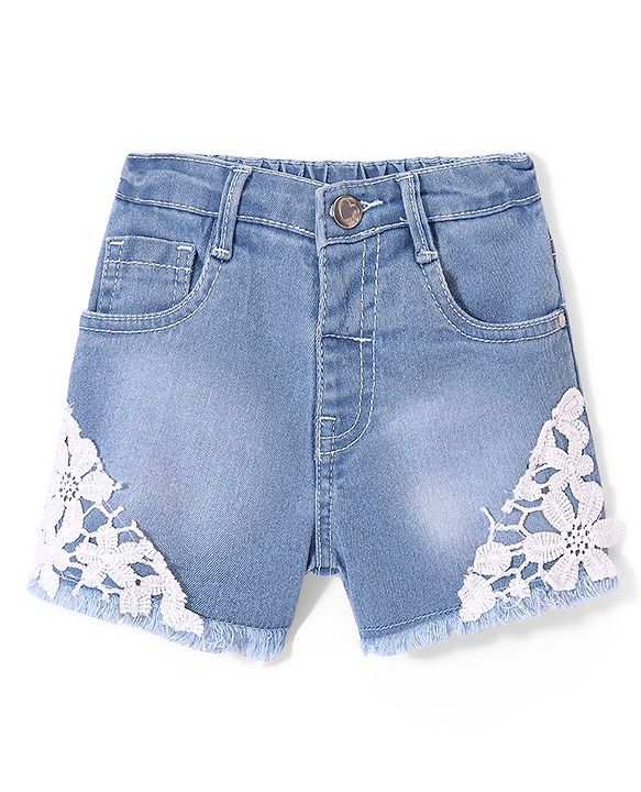 Babyhug Cotton Denim Washed Stretchable Shorts with Lace Detailing - Blue