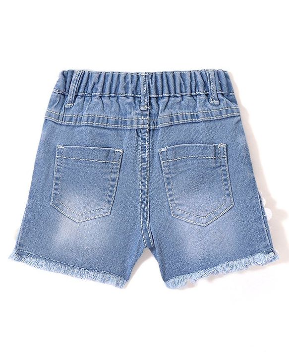Babyhug Cotton Denim Washed Stretchable Shorts with Lace Detailing - Blue