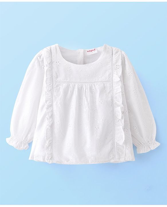 Babyhug Woven Schiffli Top with Frill and Lace Detailing- White